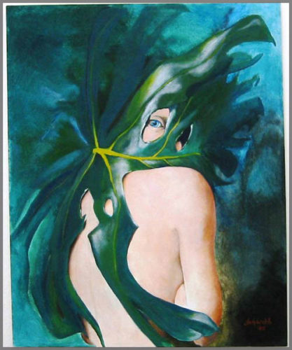 Untitled acrylic on canvas painting of a large leaf wrapped around a woman's face and upper body by Artist Judy Welch.