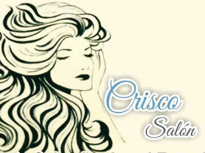 black drawing of female with long hair and crisco salon text and logo beside