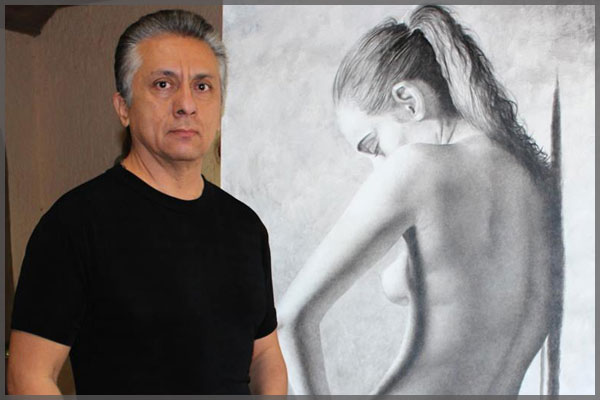 Portrait of Ajijic artist Javier Ramos beside black sketched nude.