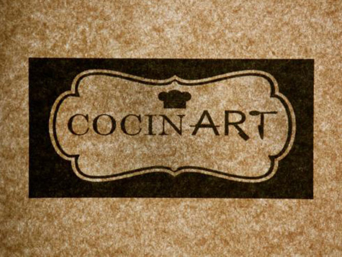 Logo of a newer Ajijic Restaurant, Cocinart,with motled brown background a brown chefs hat and Cocinart text.