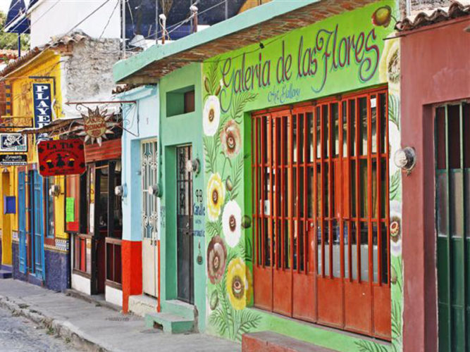 Several brightly painted shops along Colon Calle in Ajijic.