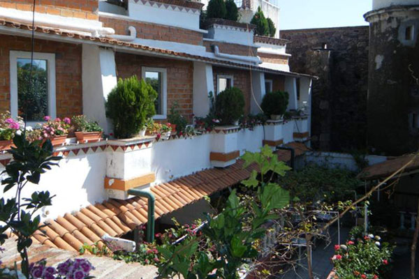 Outside view of upper windows and window plants of Hotel Italo.